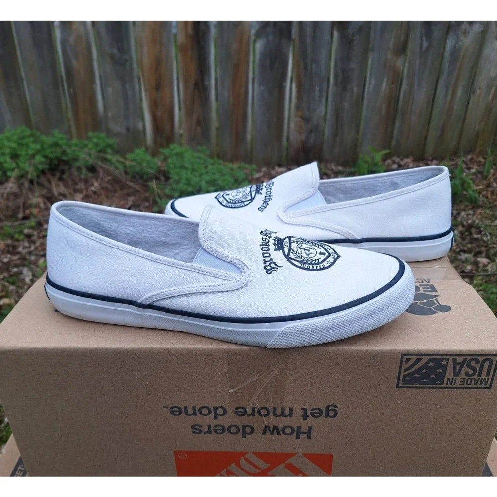 Sperry x Brooks Brothers Crest White Navy Canvas Slip On size 11.5